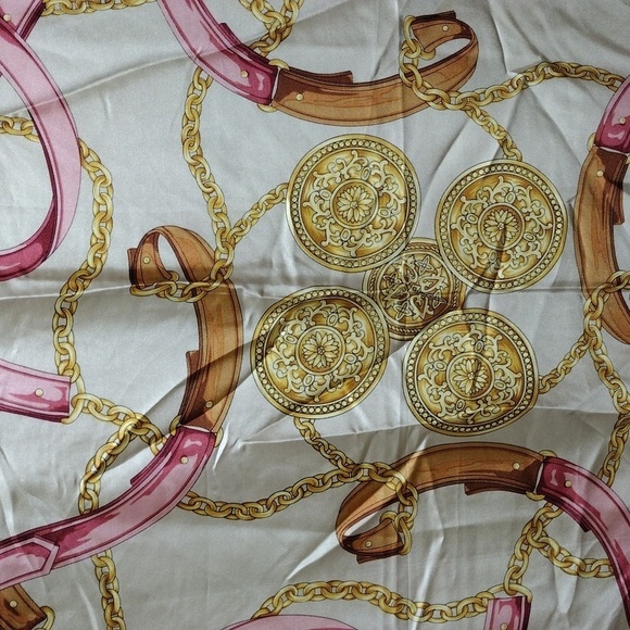 Polo Mallet Gold Pink Brown Jewelry Belts Print Luxury Silk Scarf 34x34 inches - Picture 7 of 9